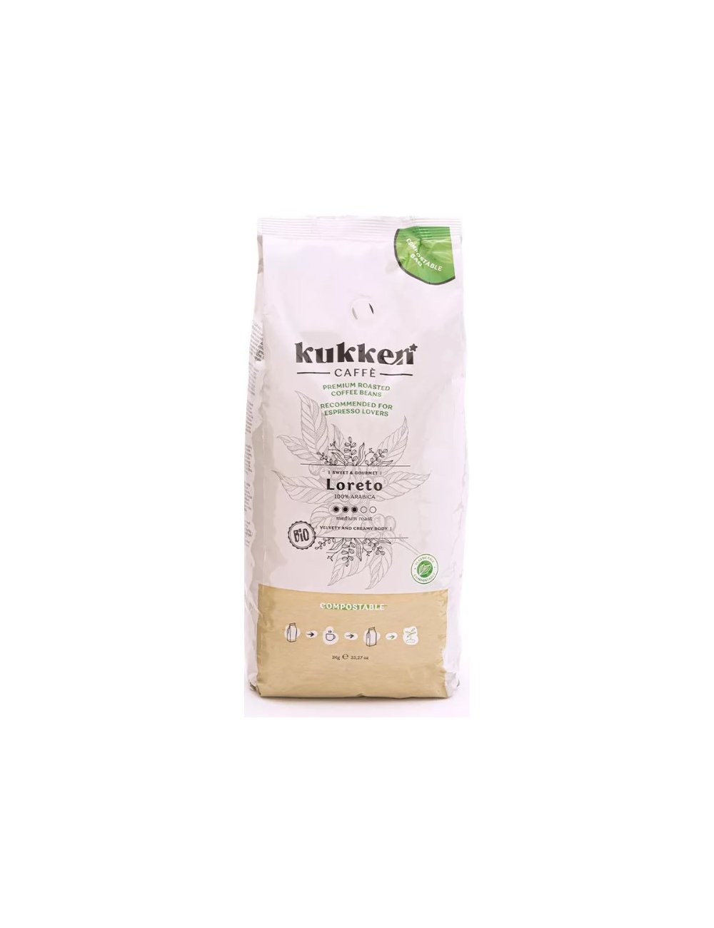 CAFÉ BIO TORRADO EM GRÃO LORETO- 1KG - KUKKEN