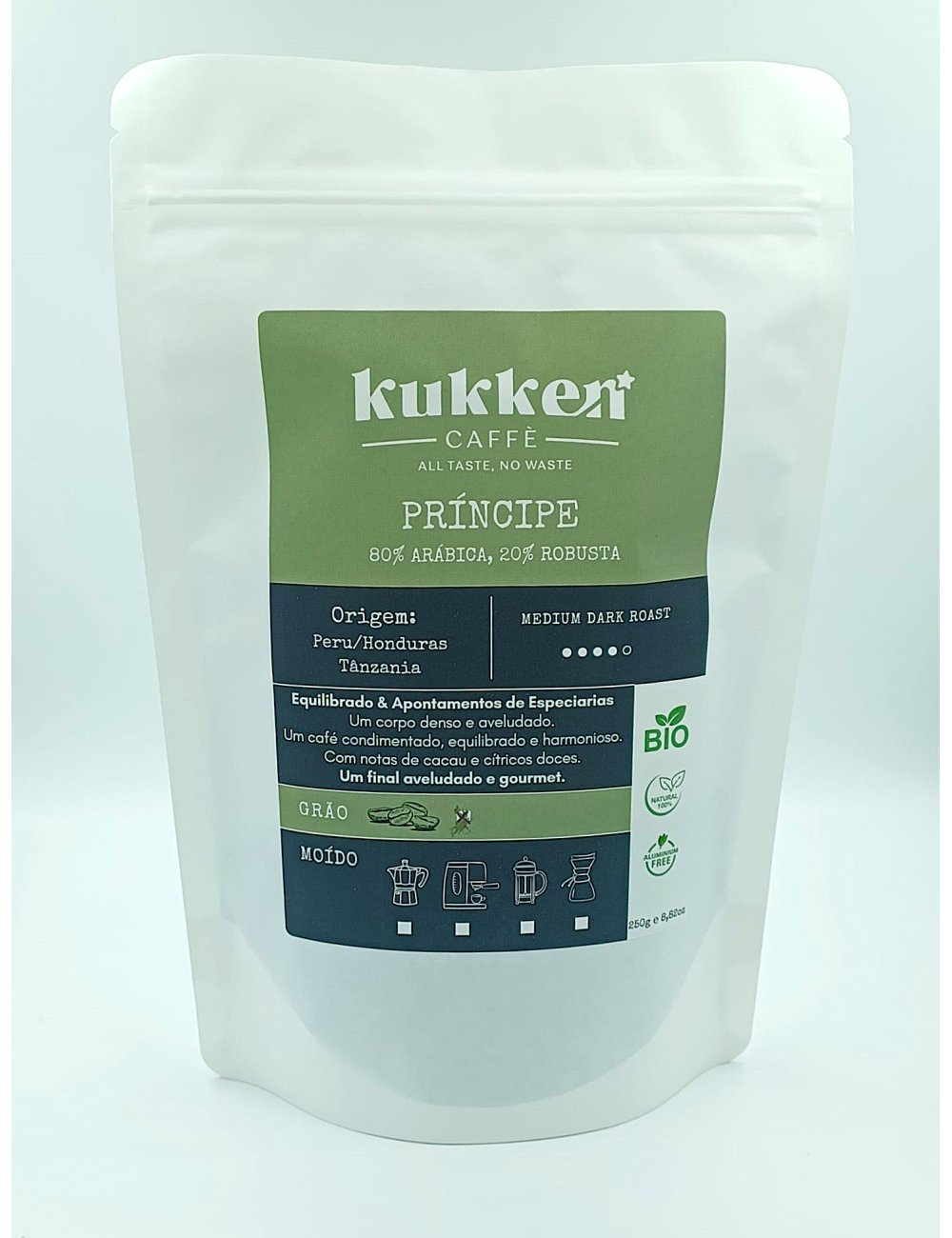 CAFÉ BIO TORRADO EM GRÃO PRINCIPE - 250G - KUKKEN