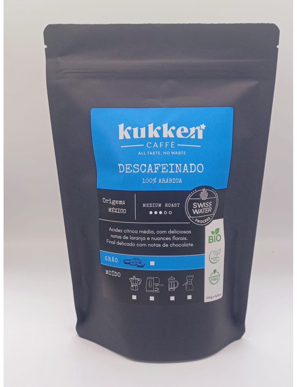 DESCAFEINADO BIO TORRADO GRÃO - 250G - KUKKEN