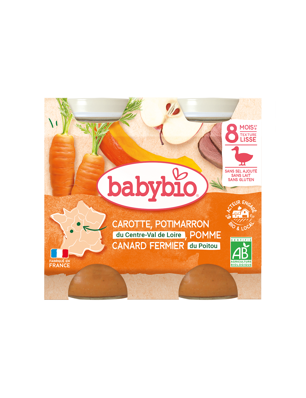 BOIÃO DE LEGUMES, MAÇÃ E PATO 8M - 2X200GR - BABYBIO