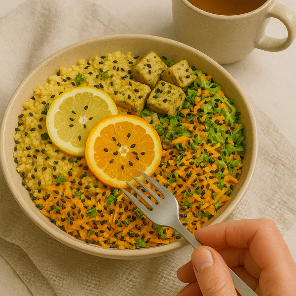 Cous Cous aromatizado com Tofu de manjericão e Salada prensada